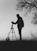 silhouette photo of man in front of DSLR camera with tripod under leafless tree