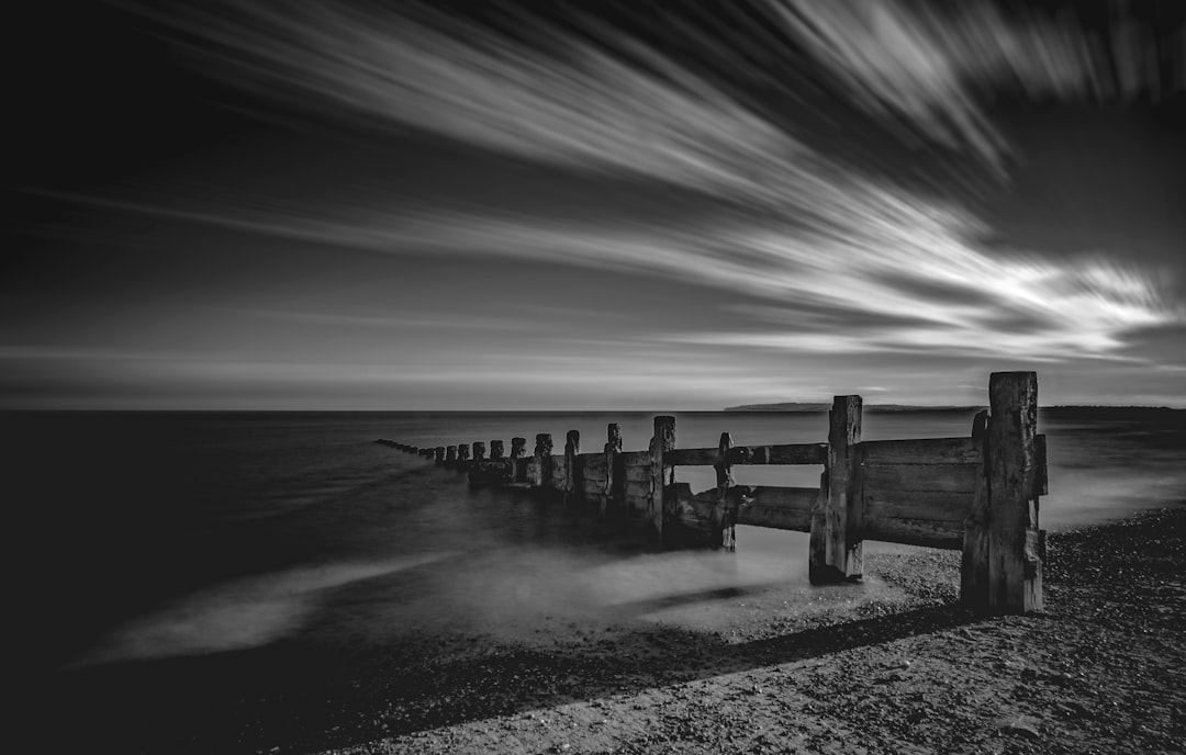 grayscale photo of wooden fence on sand