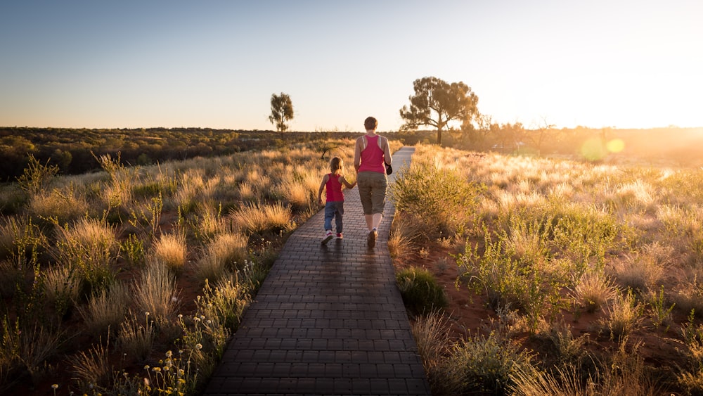 Homem e criança com tanque caminhando no caminho entre plantas de folhas marrons durante o pôr do sol