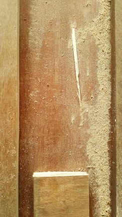 A close-up view of a wooden surface covered in sawdust. A small rectangular piece of wood is placed at the bottom. The texture of the wood grain and the scattered dust particles are visible, with a small wood shaving on the surface.