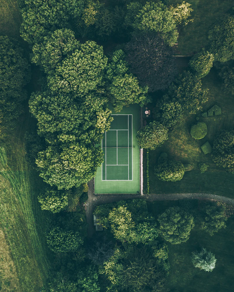 Tennisplatz von oben, umgeben von Bäumen