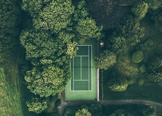 aerial photo of tennis court surrounded with trees