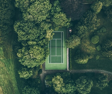 aerial photo of tennis court surrounded with trees