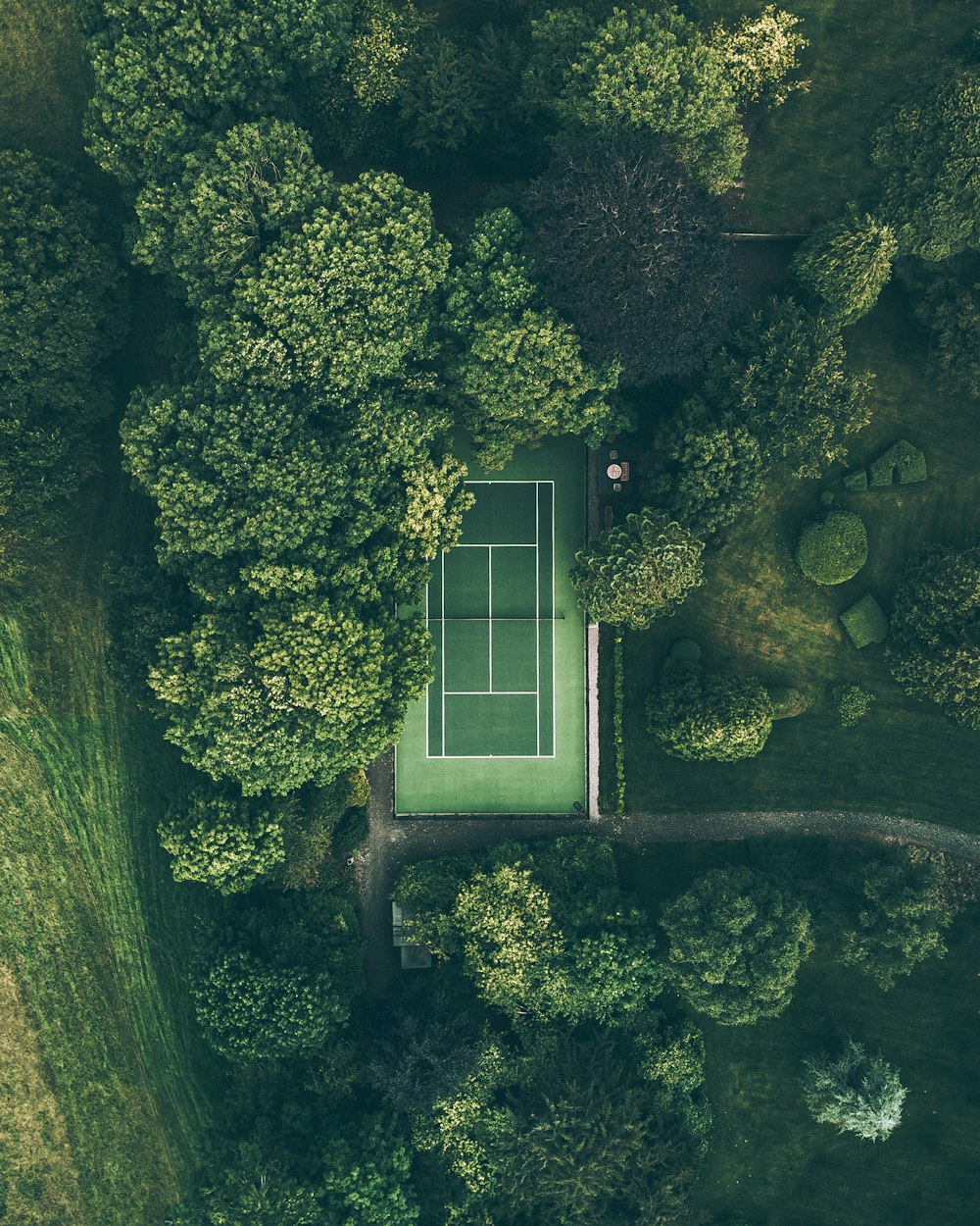 나무로 둘러싸인 테니스 코트의 항공 사진