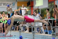 A swimmer diving into the pool at the start of a race.