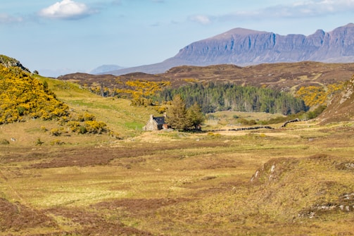 A rustic stone house is nestled in a lush, green valley surrounded by hills covered with yellow-flowered shrubs. In the background, expansive mountains rise under a partly cloudy sky. The landscape is dotted with trees, and the area appears remote and tranquil.