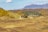 A rustic stone house is nestled in a lush, green valley surrounded by hills covered with yellow-flowered shrubs. In the background, expansive mountains rise under a partly cloudy sky. The landscape is dotted with trees, and the area appears remote and tranquil.