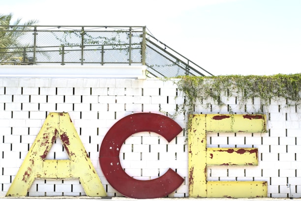 Large, vintage-style letters spell out 'ACE' against a white brick wall. The letters are weathered, with visible rust on the red 'C' and yellow 'A' and 'E'. Green vines drape over the top of the wall, adding a natural element to the scene. A metal fence and palm tree can be seen in the background.