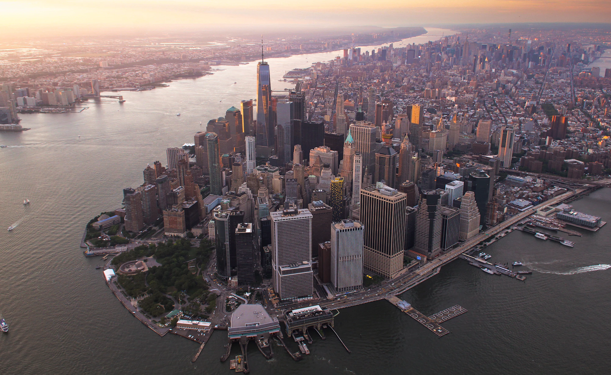 Aerial view of a financial district beside water