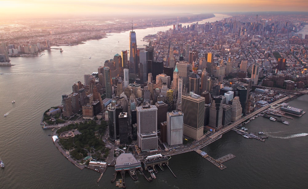 aerial photography of buildings near sea