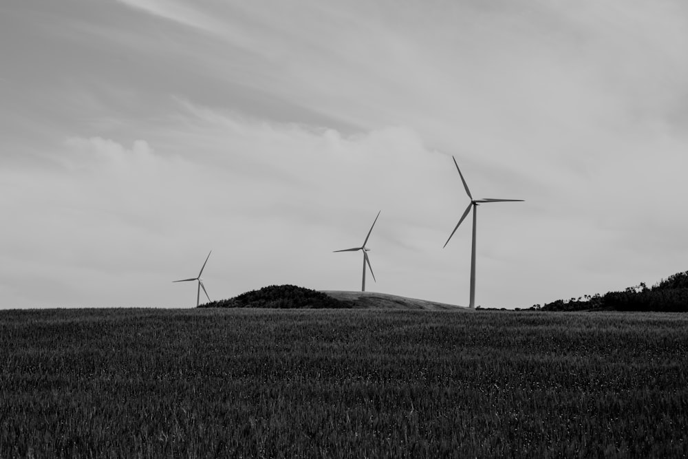 grayscale photo of line windmills