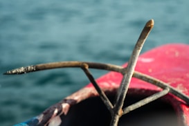 A close-up view of a rusted metal anchor laying inside a red boat, with the blurred blue water of the sea in the background.