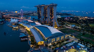 Aerial view of a cityscape at dusk, featuring a large, illuminated resort complex with three interconnected towers and a boat-shaped structure on top. Nearby, a prominent ferris wheel glows with vibrant colors. The area is surrounded by water, with numerous ships dotting the horizon. Lush greenery and modern architectural structures are visible in the vicinity.