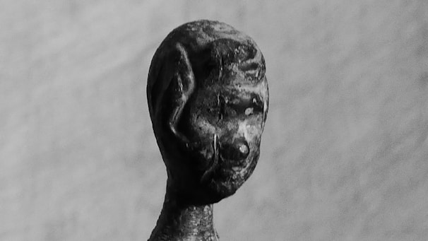 An artistic 3D printed sculpture of an abstract human face with layered textures.