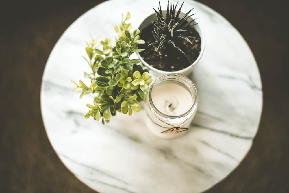 white votive candle near plant pot