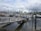 A bustling marina with numerous boats docked in the water. A sign reading 'Public Fish Sales' is prominently displayed on a wooden pier extending into the water. High-rise buildings are visible in the background under a partly cloudy sky, suggesting an urban environment.