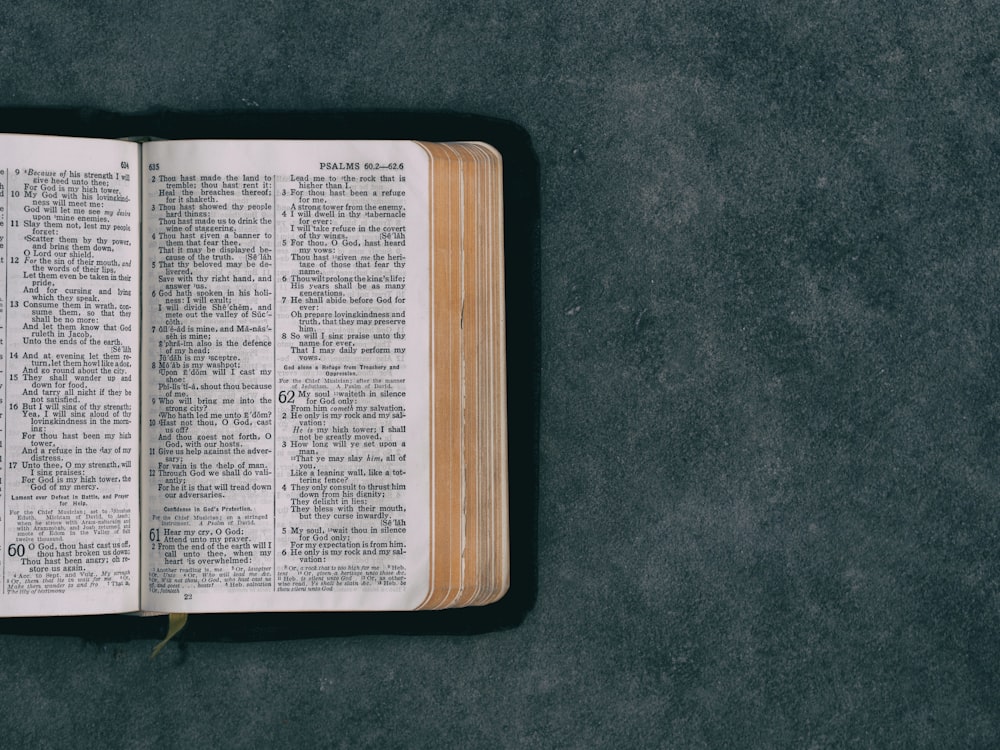 open pocket bible on green surface