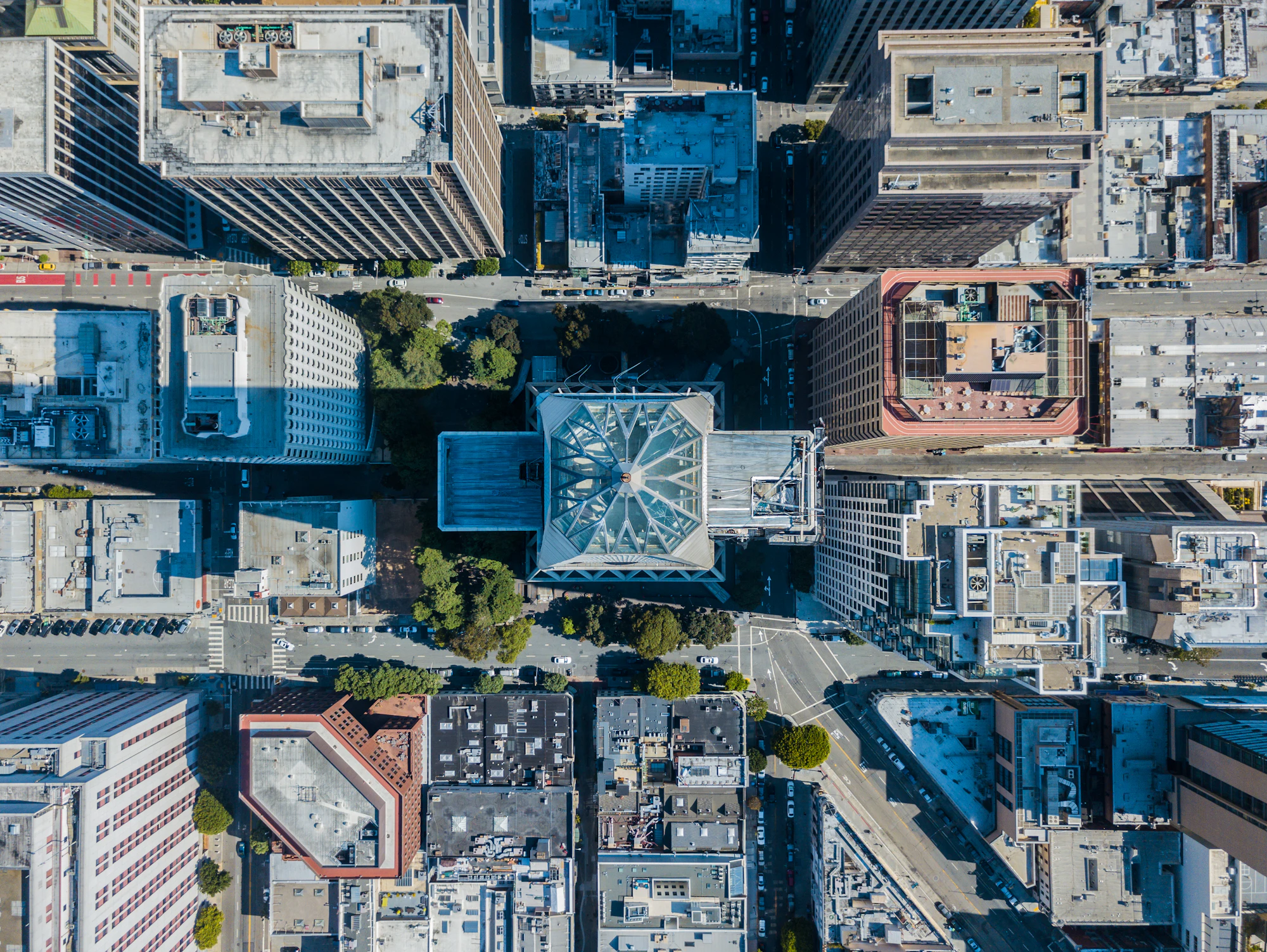 A dense city grid photographed vertically from high altitude