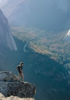 man standing on grey rock on cliff with overview of forest during daytime