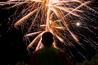 man watching over firework display during nighttime