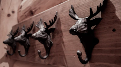 A set of towel hooks mounted on a rustic wooden wall in a cozy bathroom.