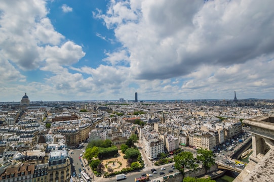 A panoramic view of a bustling city with famous landmarks and lively streets.