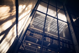 An interior scene featuring a large, metal mesh structure illuminated by light, casting intricate shadows on surrounding walls. The design has an industrial or architectural feel.