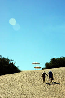 A cinematic capture of a couple walking hand-in-hand along a sun-drenched path lined with soft sand