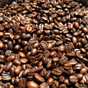 Close-up of freshly roasted coffee beans glistening with natural oils.