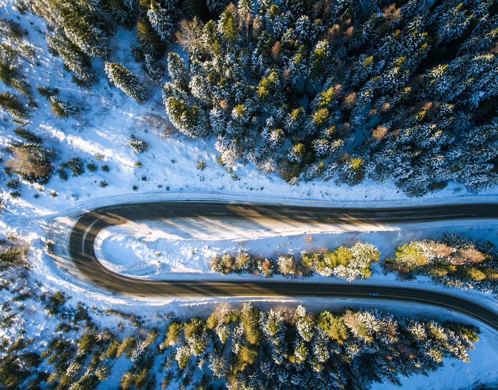 aerial view of sharp curve road during daytime