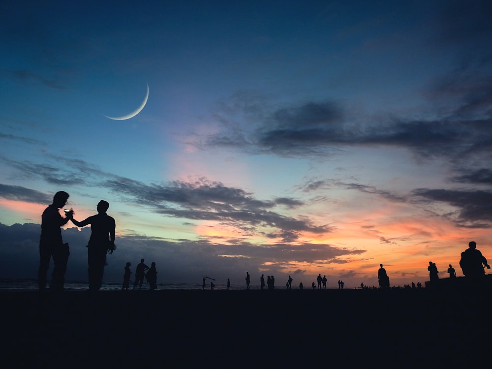 silhouette of people near body of water