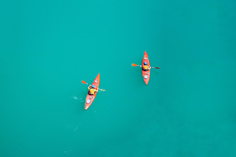 two person kayaking on open body of water