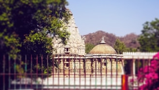 A historic temple with intricate stone carvings stands amidst lush greenery. The temple features a tall, ornate spire and a dome, encapsulated by trees and a garden fence. Pink flowers are in the foreground, while hills can be seen in the background under a clear blue sky.