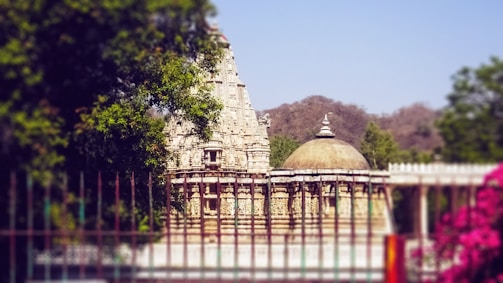 A historic temple with intricate stone carvings stands amidst lush greenery. The temple features a tall, ornate spire and a dome, encapsulated by trees and a garden fence. Pink flowers are in the foreground, while hills can be seen in the background under a clear blue sky.