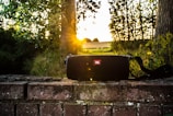 A portable speaker by JBL rests on a brick wall, surrounded by a lush, green forested area. The sun is setting in the background, casting a warm glow and illuminating the trees and foliage.