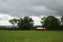 A sprawling green field with a small barn and a distant town skyline under a bright blue sky.