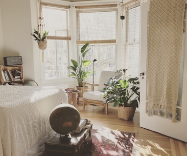 brown wooden framed white padded chair in between green indoor leaf plants inside bedroom