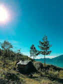 A rustic wooden hut nestled beside a crystal-clear mountain lake under blue skies.
