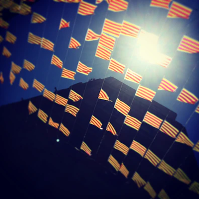 A row of tall, custom flags lining a busy street fair, catching the eye of passersby.
