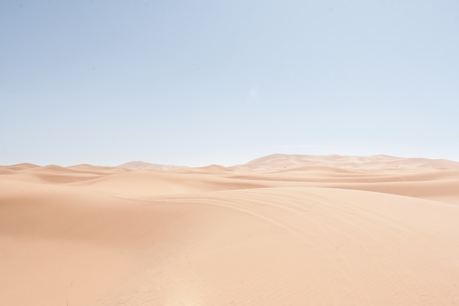 A vast, sandy desert stretches under an expansive sky.