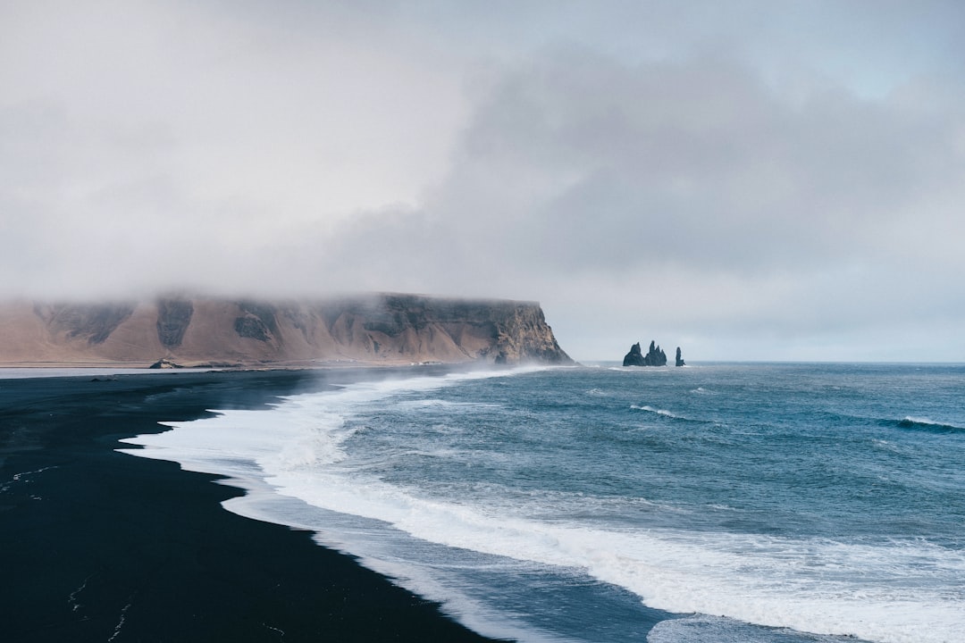 black sand near body of water under the cloudy sky during daytime