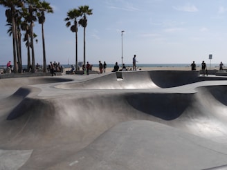 A concrete skate park with smooth curves and slopes is situated near a beach. Several people are gathered around, with a few individuals actively using the skate park. In the background, palm trees line the area, and the ocean is visible under a clear sky.