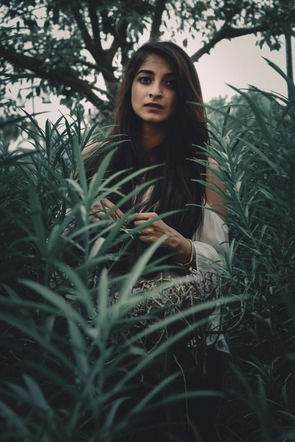 緑の植物の間に立つ女性