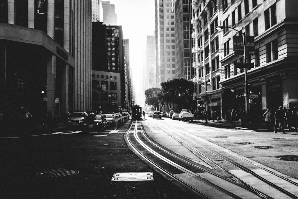 grayscale photo of concrete buildings