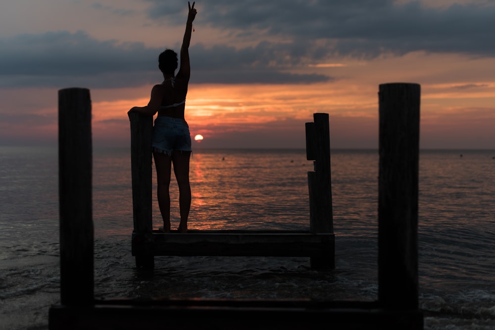 woman standing on brown wooden dock rising her right hand during golden hour