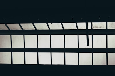 Rows of sturdy iron windows lined up, reflecting the factory’s warm overhead lights.