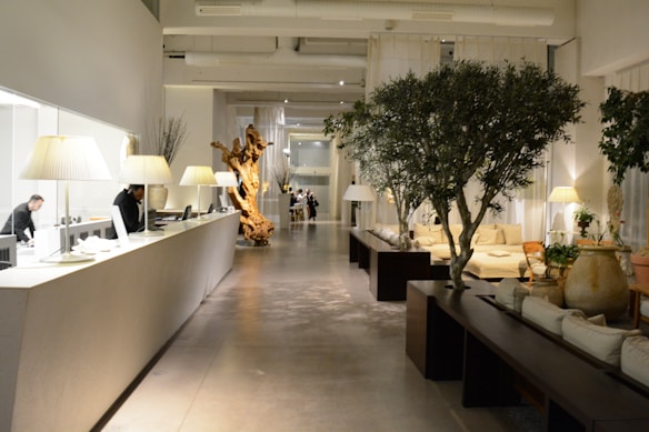 A modern, elegant hotel lobby with a minimalist design features a long reception counter on the left. Several people are working behind the counter. There are large potted plants, contemporary art sculptures, and soft lighting from stylish lamps scattered throughout the space. Comfortable seating areas with beige cushions are arranged on the right side.