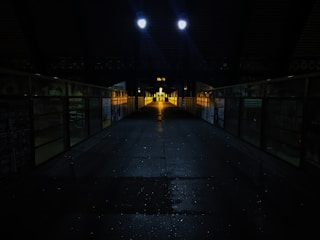 A dimly lit pedestrian walkway with a metal floor surface leading towards a bright exit at the end. The path is flanked by glass panels with various posters and advertisements. Overhead, two bright lights cast a spotlight effect in an otherwise shadowy space.