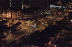 Evening view of the residential buildings illuminated with warm lights