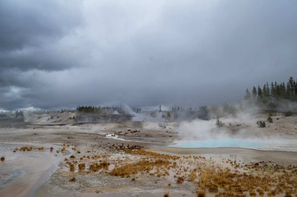 hot spring with green leaf trees during daytime